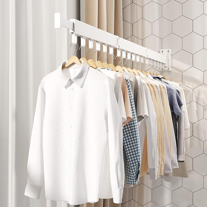 Clothes Drying Rack,Laundry Drying Rack,Wall Mounted Clothes Rack,Laundry Rack Wall Mount,Folding Retractable Collapsible Drying Rack Clothing (Three-Poles,Loop Hooks,White)