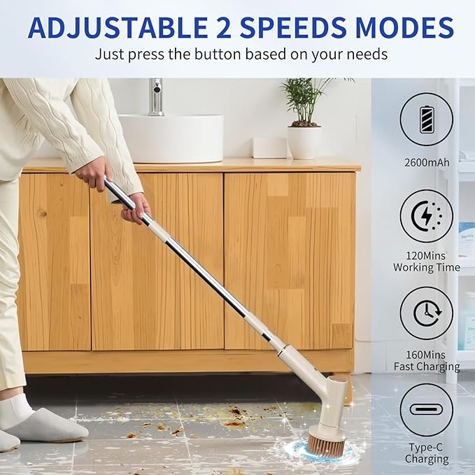 Electric Spin Scrubber, IPX5 Waterproof Bathroom Scrubber with 2 Speeds, Cordless Cleaning Brush with 7 Brush Heads, Adjustable Power Shower Scrubber for Tub Kitchen Floor Car Cleaning