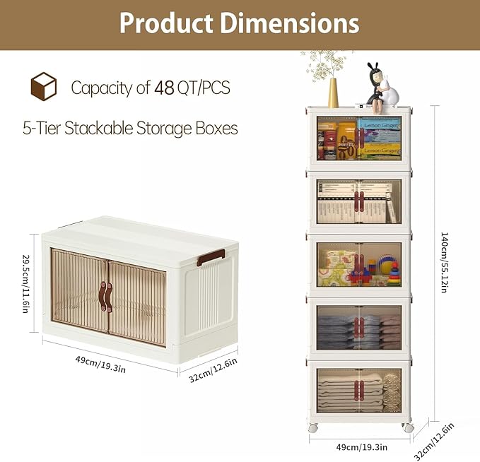 5-Tier Stackable Storage Bins with Lids & Open Front Design, Foldable Storage Bins with Wheels for Home Organization, Collapsible Space Saving Multi-Layer Organizer, 48QT