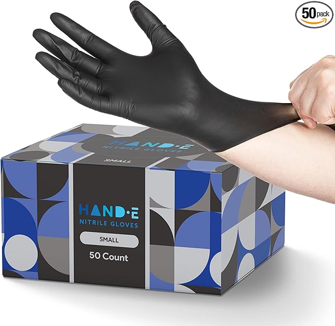 Hand-E Touch Black Nitrile Disposable Gloves Small, 50 Count - BBQ, Tattoo, Hair Dye, Cooking, Mechanic Gloves - Powder and Latex Free