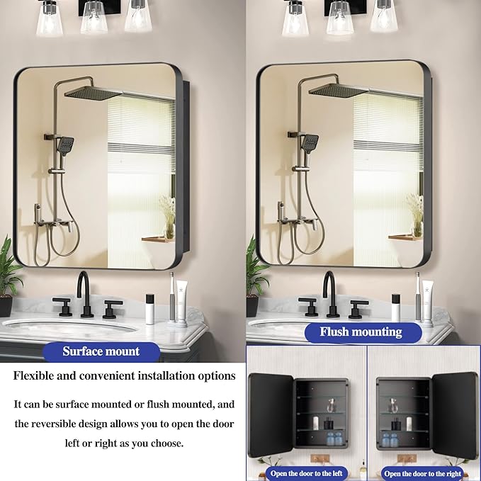 Bathroom Medicine Cabinet,20"x20" Square Mirror Door with Stainless Steel Frame,Recessed & Surface Wall Cabinet with Glass Shelves, Rust-Resistant Bathroom Storage Cabinet