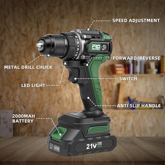 Prostormer Brushless Cordless Drill Set, 575 in.lbs Power Drill Driver, 3/8" Keyless Chuck, 20+1 Max Torque, 2pcs Batteries & Charger with 24 Pcs Drilling Bits & Storage Box