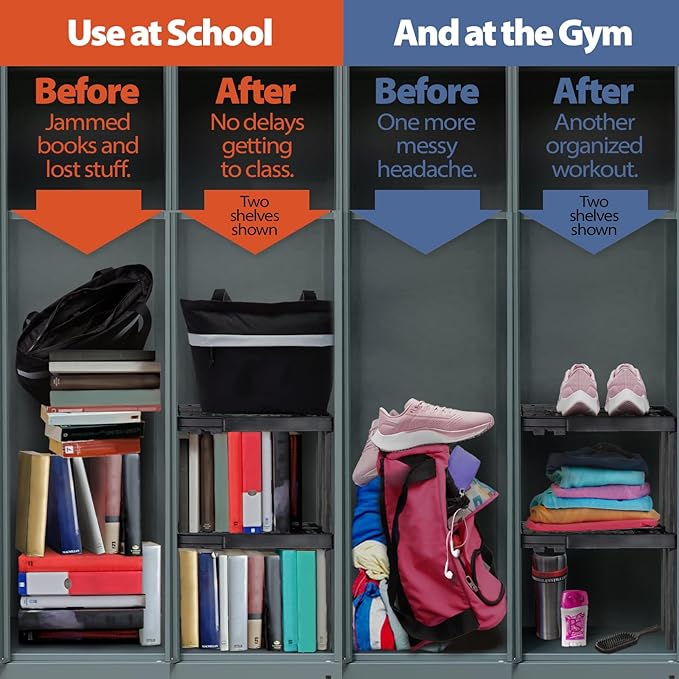 Locker Organizer Shelf， Adjustable Width and Height, Stackable, Ideal Locker Shelf for School, Office, Gym Lockers, or Even Kitchen Cabinets & Under Sink Organization (Black)
