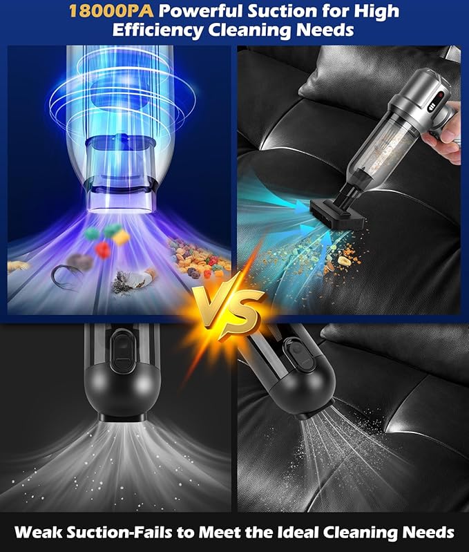 WADEO Car Vacuum Portable Cordless 18000PA, 4-in-1 Handheld Vacuum Cleaner and Air Duster with LED Display & Multi-Nozzles, Mini Hand Held Vacuum Rechargeable for Home, Car, Office, Pet Hair