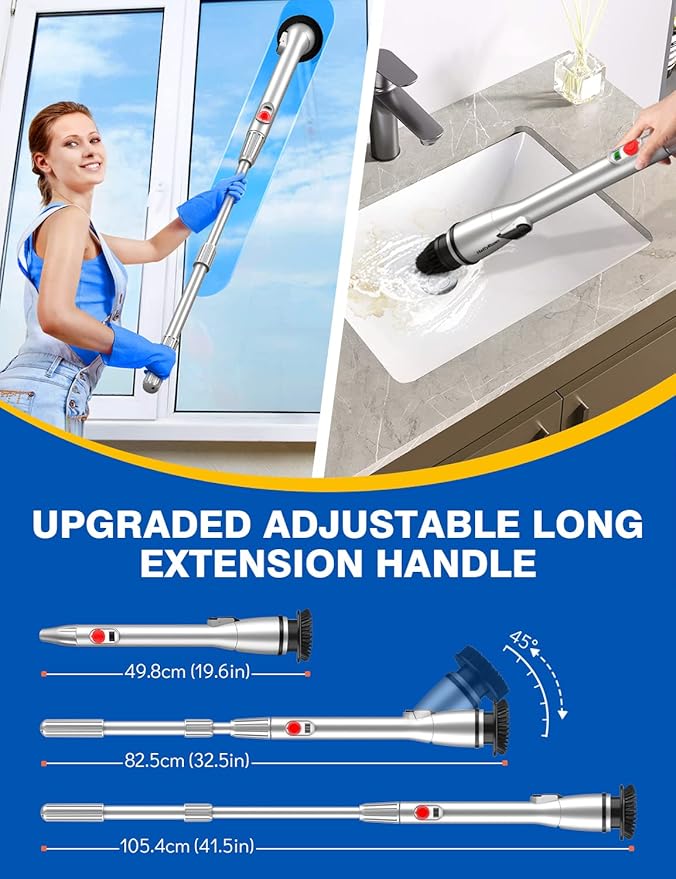 Rechargeable Cordless Electric Scrubber with 5 Cleaning Brush Heads, Powerful Adjustable Shower with Long Handle Extension Arm for Bathroom, Tub, Tile, Car, Floor