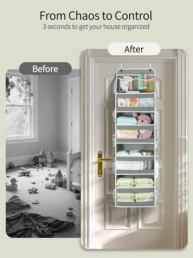 Yecaye 5 Tier 1Pc Over the Door Organizer, Swing-proof Door Organizer Hanging with Clear PVC Windows, Behind the Door Storage for Bedroom Nursery Closet Laundry Pantry Bathroom, Grey
