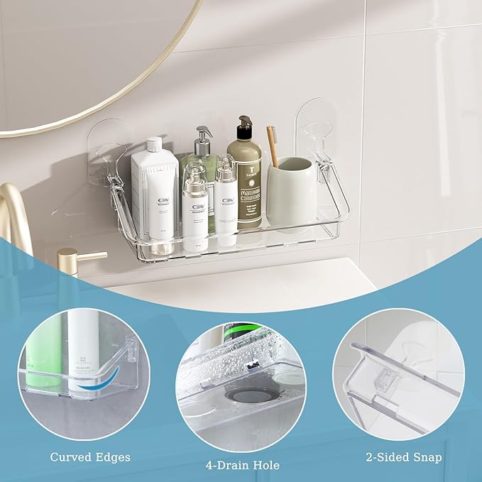 Acrylic Clear Shower Caddy Soap Dish 2pack Small Size 12.9"L 4.7"W 5.9"H Acrylic Shelves No Need To Drill Wall Adhesive Shelves With Self- Adhesive Tape For Bathroom Kitchen Rv(Shower Caddy S)