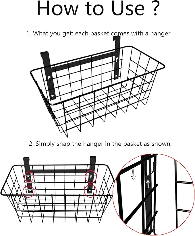 MaraFansie Basket with Hook, Grid Storage Basket, Over the Cabinet Door Organizer, Wire Hanging Basket with Hook Over the Railing, Under Sink Kitchen Cabinet, Pantry, Bathroom, Black, 4 Pack