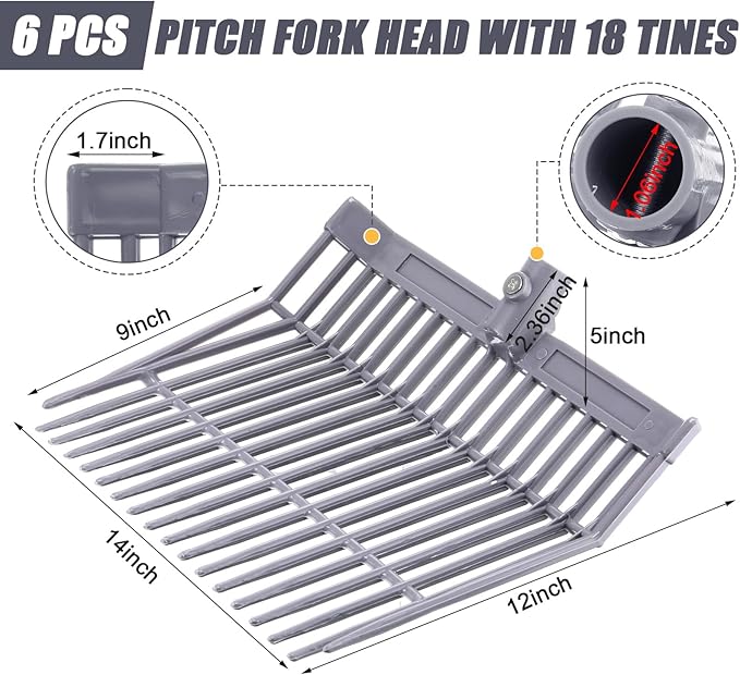 Lasnten 6 Pcs Manure Fork Head Bulk 18 Tines Pitch Fork Replacement Head with Screws and Nuts Durable Stable ABS Plastic for Horse Stall Picking up Manure