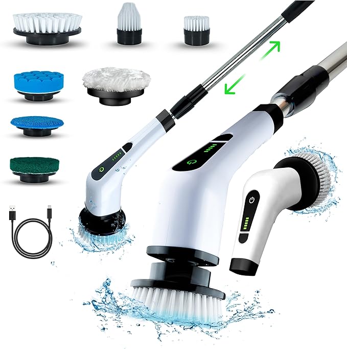 Versatile Depot Electric Spin Scrubber for Bathroom with 7 Replaceable Brush Heads – Power Scrubber with Adjustable Long Handle – Cordless Shower Cleaning Brush for Tile, Tub & Floor
