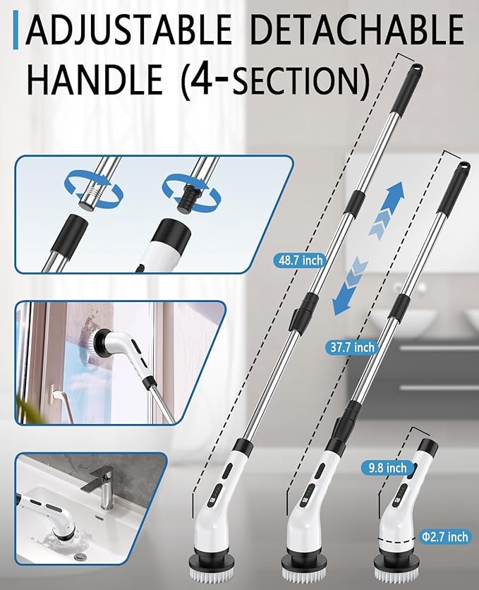 Electric Spin Scrubber Cordless - 3 Speed Rechargeable, Adjustable & Detachable Handle, 9 in 1 Brush Heads Power Scrub Brushes for Cleaning Supplies Shower Bathroom Tub Kitchen Tile Floor