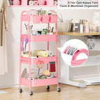4 Tier Metal Rolling Cart with Lockable Wheels and Handle, Four Tiered Pink Trolley Cart on Wheels, Utility Storage Organizer for Bathroom, Kitchen, Teachers, Art, Crafts, Baby Diaper, Snack, Nail
