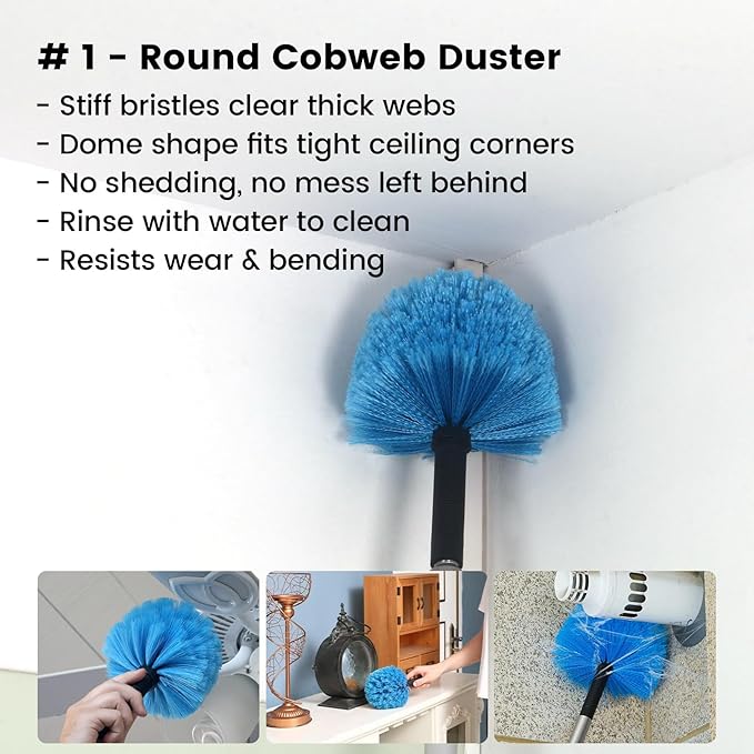Ceiling Fan Duster Kit – 5-in-1 Bendable & Dual-Sided Heads – Washable Dusters for High Ceiling, Fans, Corners, Glass – Fits Standard ¾ Pole – Blue Cleaning Set