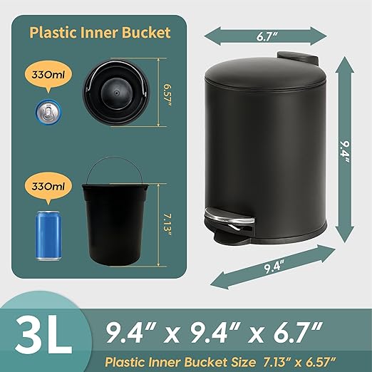 SunnyPoint 3L (0.8 Gallon) Mini Trash Can with Lid – Small Step-On Garbage Bin, Slow-Close & Removable Inner Bucket – Compact for Bathroom, Office, Bedroom, RV, Dorm, Under Sink (BLK)