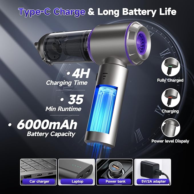Car Vacuum Portable Cordless, 22000PA High Power handheld Vacuum Cleaner with Brushless Motor,11 in 1 Mini Hand Held Vacuum Cordless Rechargeable Air Duster/Blower/Pump for Car, Home, Pet, Office