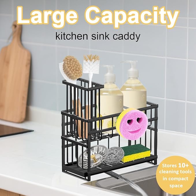 Sponge Holder for Kitchen Sink & Sink Caddy - 2-Tier Stainless Steel Organizer with Automatic Drainage, Rustproof Storage for Dish Brush, Soap Dispenser & Countertop Essentials