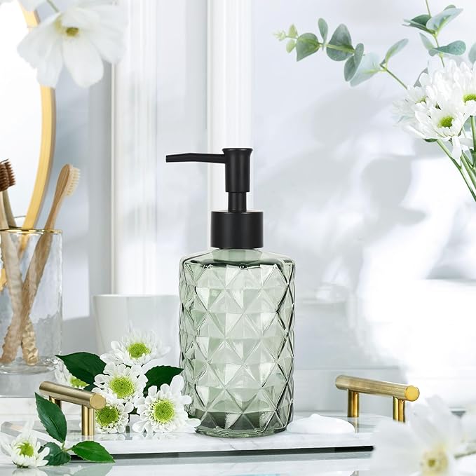 Green Glass Soap Dispenser with Black Plastic Pump, 12oz Clear Crystal Refillable Liquid Hand Soap Dispenser, Diamond Design Lotion Dispensers for Hand Soap, Soap, Lotion
