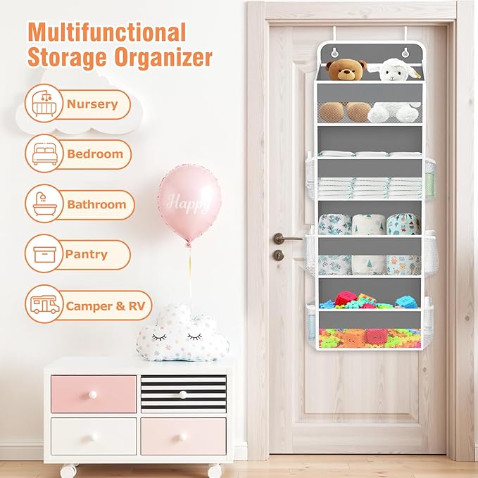 WISELIFE Over the Door Organizer - 4 Shelves Large Capacity Hanging Bedroom Storage Solution with 6 Side Pockets for Dorm Bathroom Pantry Nursery and Baby Essentials Holds up to 40 lbs (Grey)
