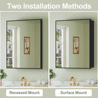 Buruis 24" x 30" Framed Medicine Cabinet with Mirror, Recessed or Wall Mounted Bathroom Cabinet, Adjustable Tempered Glass Shelves, Left/Right Open Reversible, No Assembly Required, Black