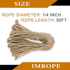 50 ft 1/4 inch (6mm) Jute Twine Rope, Clothesline Natural 4 Strands Jute Rope for DIY Arts Crafts, Garden, Home Decorating