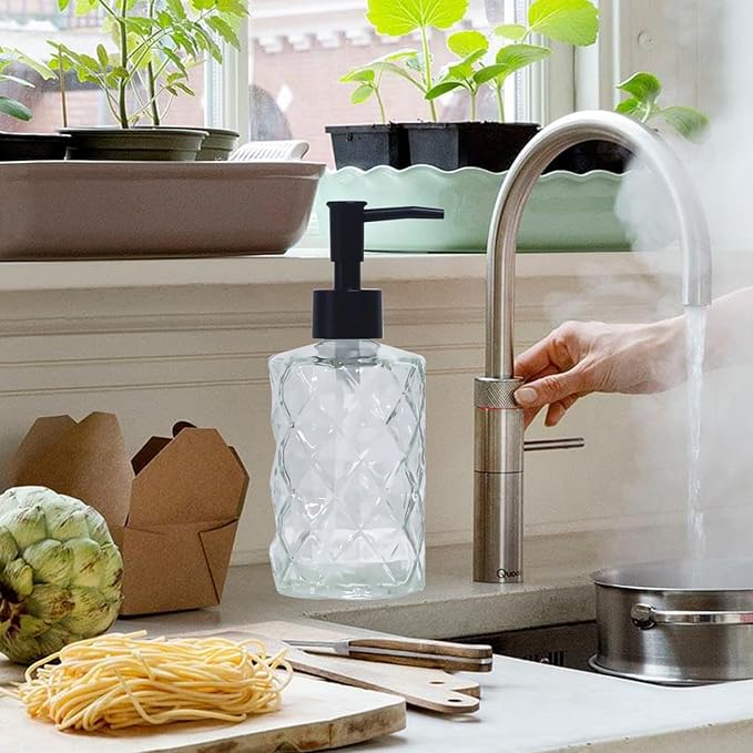 Crystal Clear Glass Soap Dispenser with Black Pump, 2 Pack 12oz Diamond Hand Dispenser, Refillable Lotion Dispenser & Dish Soap Dispenser, Bathroom Soap Dispenser for Liquid, Shower Gel