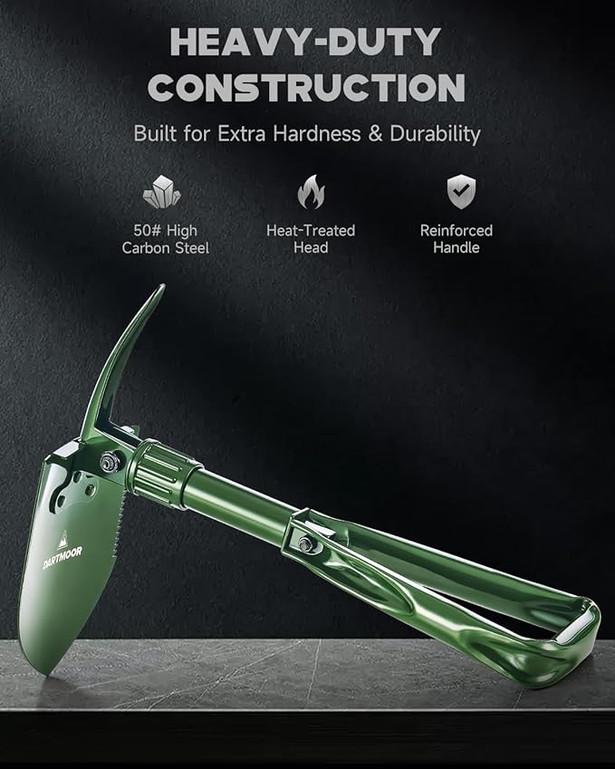 18.1" Military Style Foldable E-Tool, Small Compact Lightweight Survival Shovel, Entrenching Tool for Off Road, Folding Spade Collapsible Shovel for Camping, Hiking, Digging, Gardening, Green