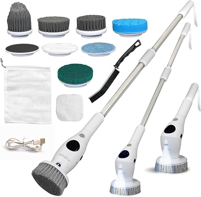Electric Spin Scrubber, Cordless Power Brush with 8 Multi-Functional Heads, 3 Adjustable Speeds, IPX7 Waterproof, LED Display, Long Handle (13.8"-51"), Perfect for Bathroom, Tile, Kitchen, Car