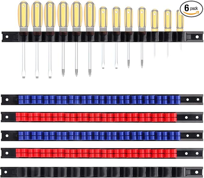 CASOMAN 6 Piece Screwdriver Organizer and Wrench Organizer, Hand Tool Holder, Plastic Rail Wrench Hanger with Clips