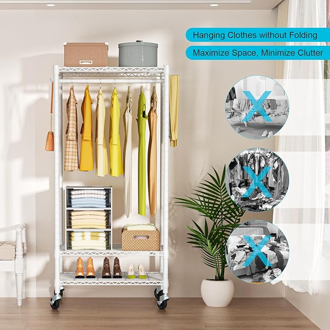P3 Mini Rolling Clothes Rack, Clothing Racks for Hanging Clothes, Heavy Duty Garment Rack, Freestanding Portable Closet Rack 23.6'' W x 14'' D x 78.5'' H, Max Load 430 Lbs, White