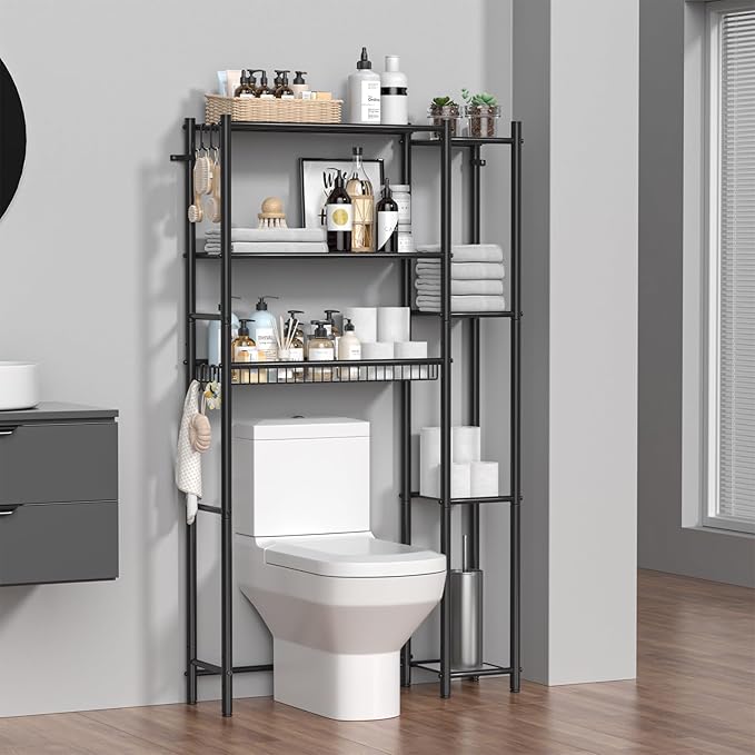 Over the Toilet Storage Shelf - Bathroom Organizer Rack with 7-Tier Shelves, Adjustable Metal Shelf Above Toilet for Towel, Decor, and Bath Essentials, Freestanding Bathroom Space Saver, Black
