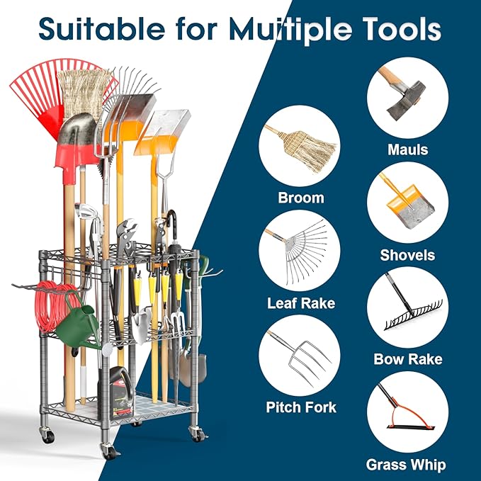 T1 Garden Tool Organizer（with Lockable Wheels） Heavy Duty Garage Tool Storage for Yard，Shed，Outdoor and Lawn，Freestanding Tool Organizers and Storage UP to 50 Tools，Grey with Anti-Tip Device