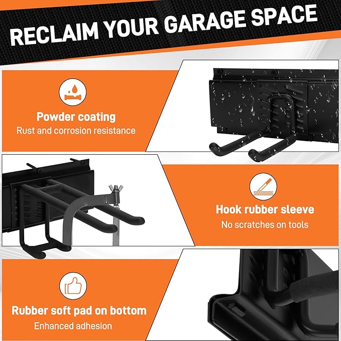 48" Garage Tool Organizer Wall Mount - 440lbs Heavy Duty Metal Rack with Adjustable Hooks, Anti-Rust Shed Storage for Shovels/Rakes/Brooms/Mowers, Efficient Garage & Garden Organization
