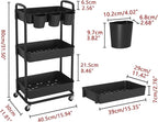 JIUYOTREE 3-Tier Plastic Rolling Storage Cart Utility Cart with Extra Hanging Cups Handles Lockable Wheels for Living Room Bathroom Kitchen Office Black
