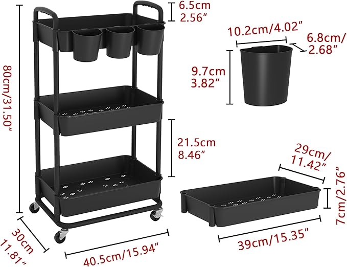 JIUYOTREE 3-Tier Plastic Rolling Storage Cart Utility Cart with Extra Hanging Cups Handles Lockable Wheels for Living Room Bathroom Kitchen Office Black