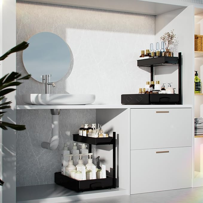 Metal Under Sink Organizers and Storage, 2 Pack Under Bathroom Sink Organizer, 2 Tier Pull out Cabinet Organizer, Adjustable Under Sink Organizer, Under Sink Storage for Bathroom, Black