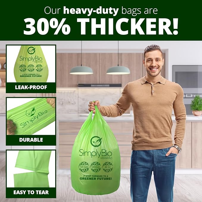 13 Gallon Compostable Trash Bags Liners with Handle-Tie, Thick 0.87 Mil, 49.21 Liter, 30 Bags, Tall Kitchen Food Scrap Waste Bag, ASTM D6400, US BPI and OK Compost Home Certified
