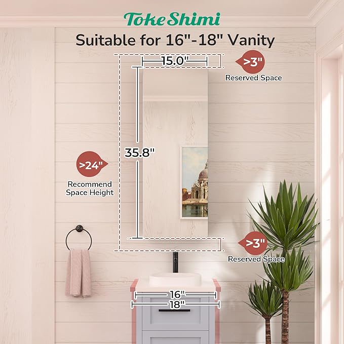 TokeShimi 15 x 36 Farmhouse Medicine Cabinet Recessed or Surface Mount Aluminum, Mirror with Stepless Adjustable Storage, Silver Bathroom Mirror Medicine Cabinet Frameless Metal Modern
