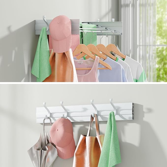Wall Mounted Drying Rack 23.6", Foldable Laundry Clothes Drying Rack with 4 Towel Hooks and 4 Rods for Hanging Clothes Delicates, Space Saving for Indoor Outdoor Bathroom Balcony Laundry Room (23.6'')