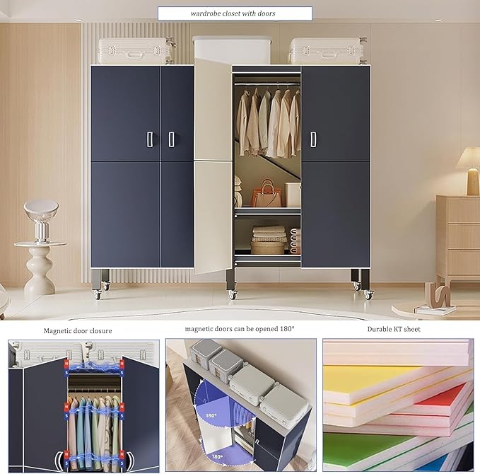 Heavy Duty Covered Clothes Rack with Magnetic Door Foldable Portable Wardrobe Closet for Hanging Clothing Rolling Black Metal Garment Rack on Wheels Closet System (Navy Blue, 70.89in)