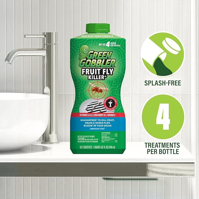 Green Gobbler Fruit Fly Killer+ - Kills Fruit Flies, Drain Flies & Sewer Flies, Gel Treatment for Use in Sinks & Pipes - Safe for Septic Systems, 32oz - Up to 8 USES (2 Pack)