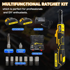 3/8" Cordless Ratchet Wrench Set,60Ft-lbs Extended Electric Ratchet Wrench, 400 RPM Chargeable Power Ratchet Driver with 2 X 21V Lithium-Ion Battery,7 Sockets, 3" Extension Bar, 1/4" Adapter