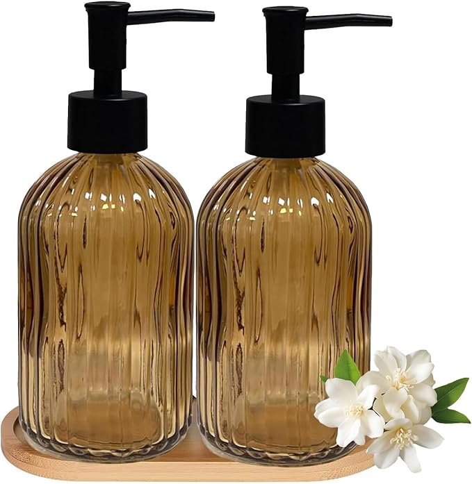 Glass Hand and Dish Soap Dispenser Set of 2 with Plastic Pumps, Bamboo Tray, 13.5oz Brown Bathroom Soap Dispenser with Vertical Stripe for Hand Wash & Dish Wash, Ideal for Bathroom Kitchen Countertop