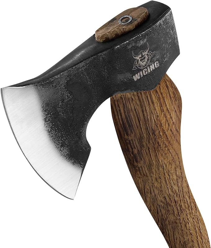 Camping Hatchet - 15.2 inches Chopping Axe for Wood Splitting and Kindling, 1065 High Manganese Steel and Beech Wooden Handle, with Leather Sheath