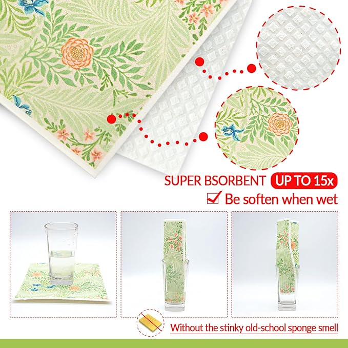 6 - Pack Swedish Kitchen Dish Cloths - Reusable Paper Towels for Counters & Dishes - Eco Friendly Cellulose Sponge Cloth - Assorted (Flower Pattern)