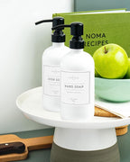 Vine Creations White Glass Soap Dispenser, 2 Pack Kitchen Soap Dispenser Set with Stainless Steel Pump, 16 oz Dish Soap and Hand Soap Dispensers for Bathroom with Waterproof Labels