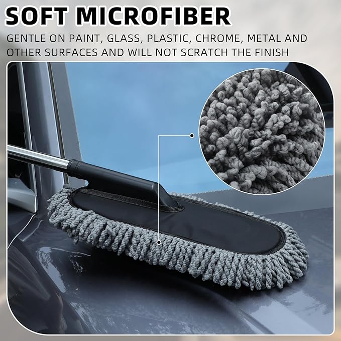 Tanlade 4 Pack Microfiber Car Duster Exterior Scratch Free with Extendable Handle Auto Duster Exterior Dust Cleaning Tools for Car Brush for Cars Truck Bike RV Boats Motorcycle (Gray)