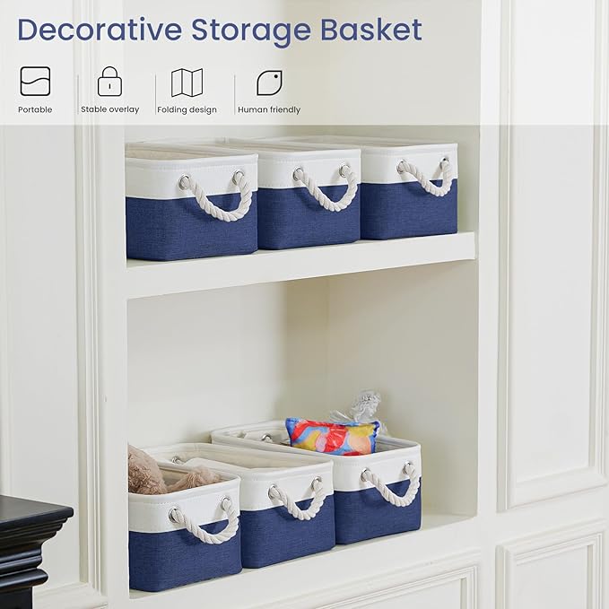 Storage Baskets for Shelves 11.8x7.9x5.2 Inch-Foldable Fabric Organizing Storage Bins with Handles, Closet & Bathroom Organizer, Home Storage for Kitchen, Office (6-Pack, White&Blue)