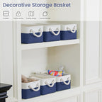 Storage Baskets for Shelves 11.8x7.9x5.2 Inch-Foldable Fabric Organizing Storage Bins with Handles, Closet & Bathroom Organizer, Home Storage for Kitchen, Office (6-Pack, White&Blue)