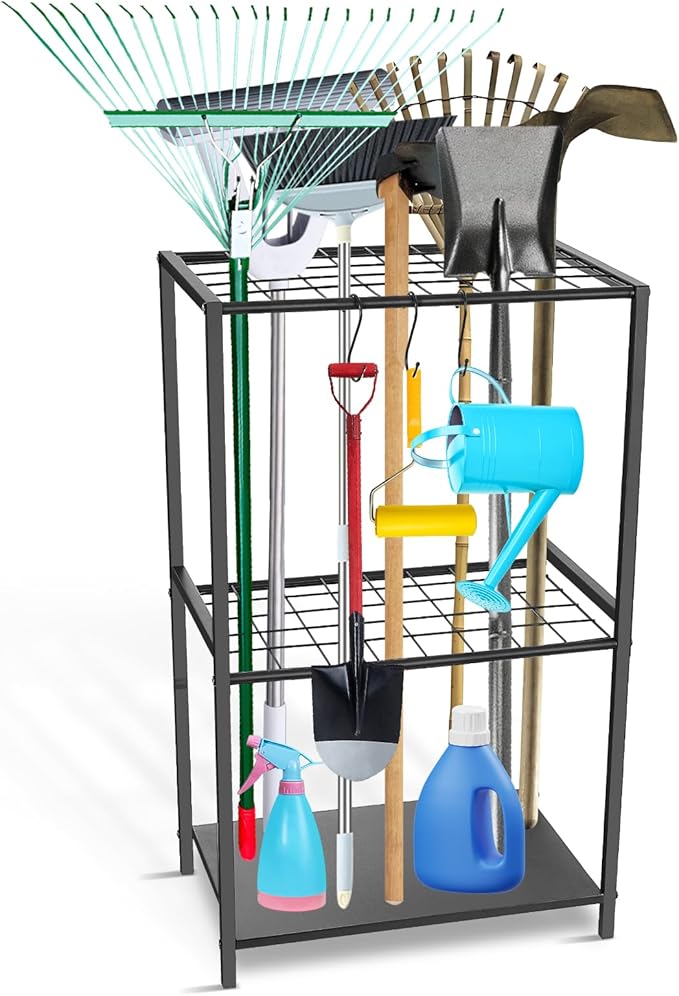 Garden Tool Organizer - Yard Tool Storage and Organizers, Utility Rack with 3 Hooks, Garden Yard Tool Stand Tower Racks, Tool Holder for Broom, Shovel, Rake, Mop, Garage Organization, Black