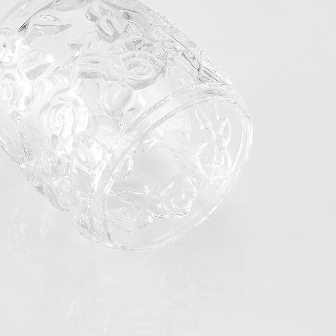 Clear Transparent Apothecary Floral Embossed Glass Jar With Matte Black Metal Lid Cover for Bathroom Organization, Cotton Balls, Q Tips, and Small Accessories, Bathroom Storage